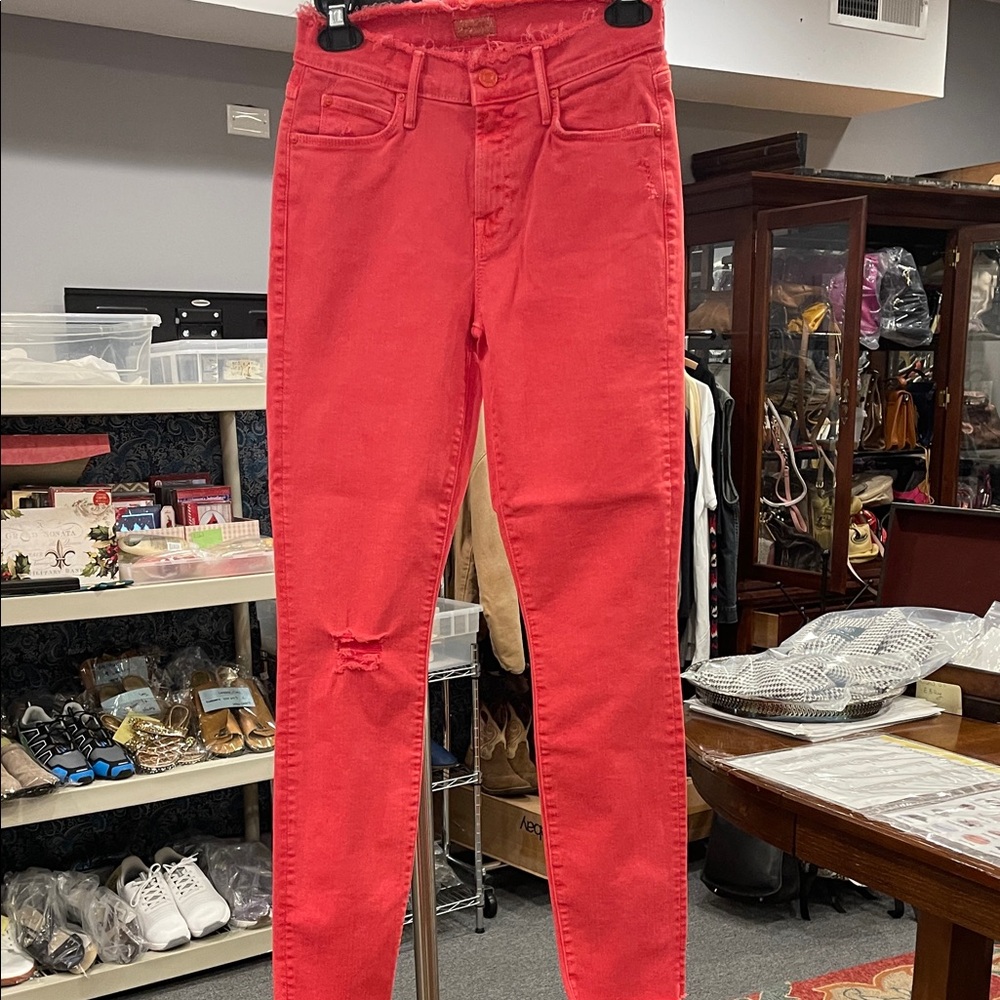 Mother The Double Fray Charmer Jeans Size 24 Rouge Red Distressed Hem Skinny NWT